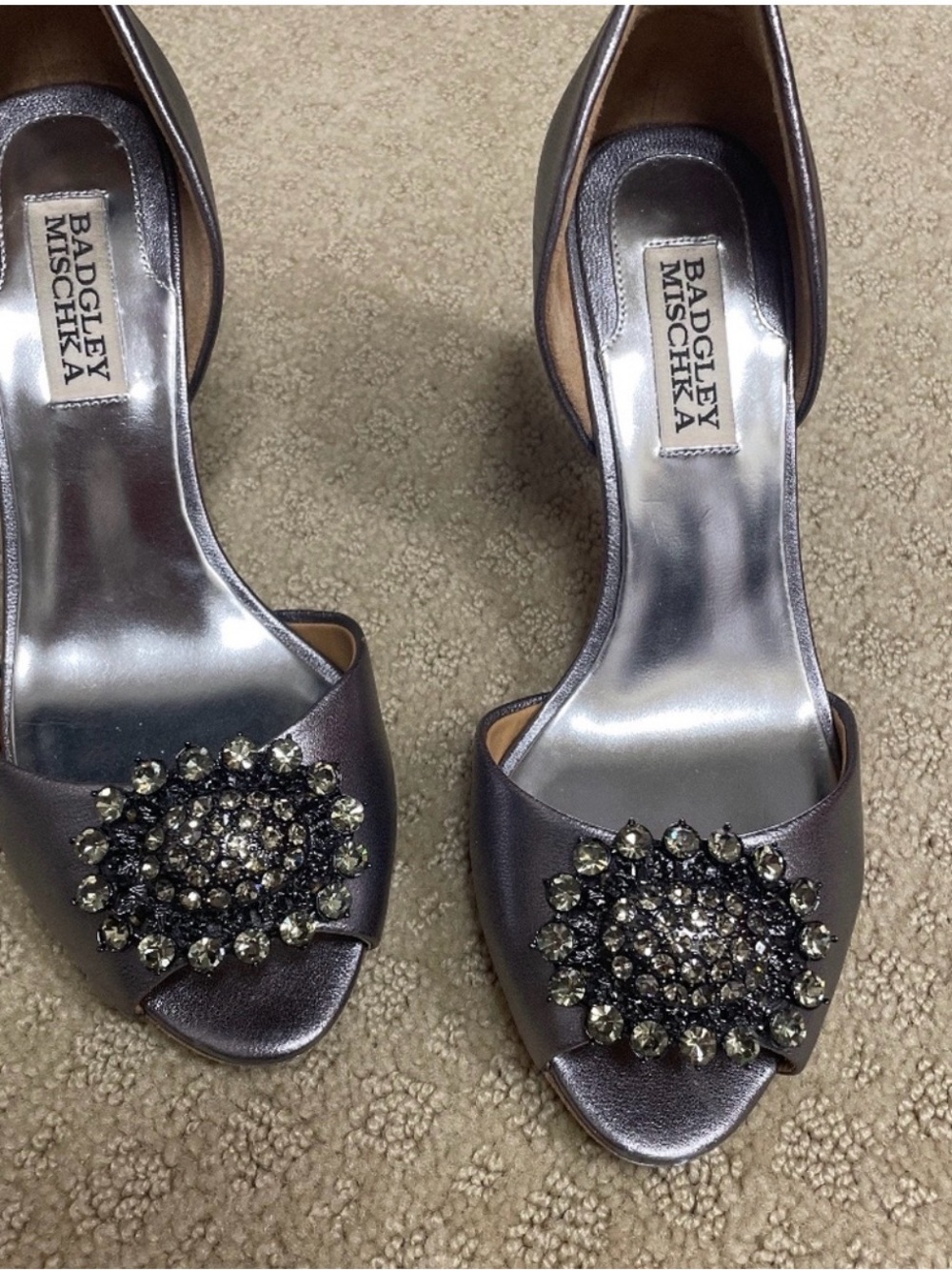 Badgley Mischka Metallic Pewter Peep-Toe Heels with Crystal Medallions